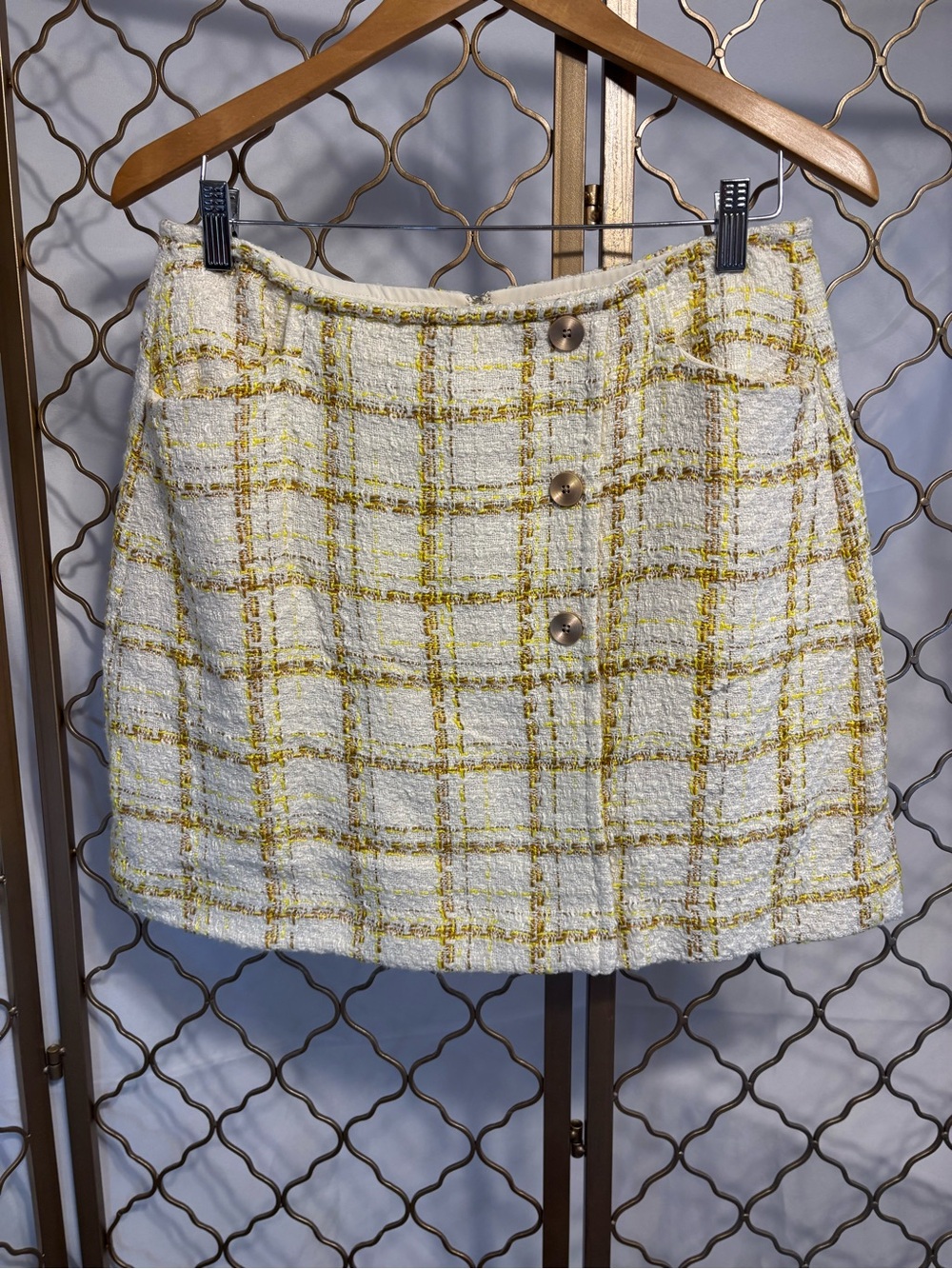 CAbi Yellow Plaid Tweed Skirt in size 8 NWOT